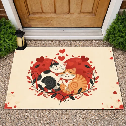 Cuddling Cats Red Hearts Botanical Frame - Home Decor Gift for Cat Lovers Doormat