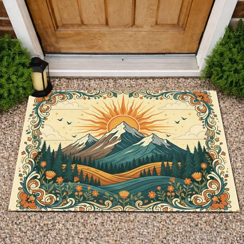 Majestic Snow Capped Mountain Sun Wildflower Evergreen Forest - Nature Lover Gift Doormat
