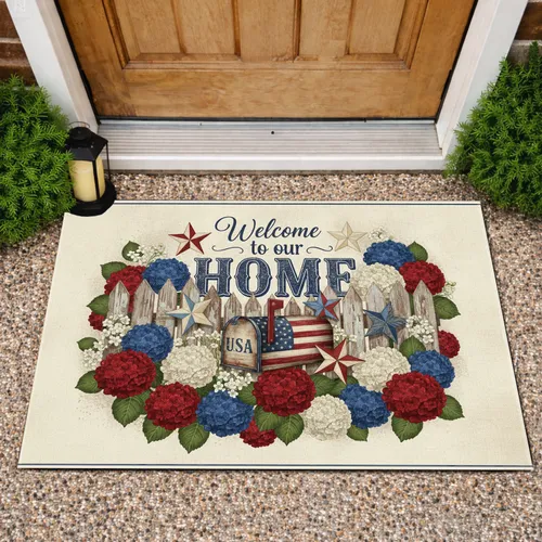Welcome to Our Home Patriotic Mailbox Hydrangeas - Independence Day Gift for Veterans Doormat