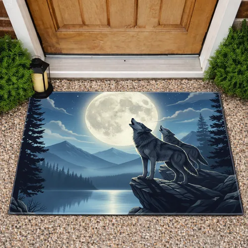 Howling Wolves Moonlit Cliff Landscape - Home Decor Gift for Wolf Lovers Doormat