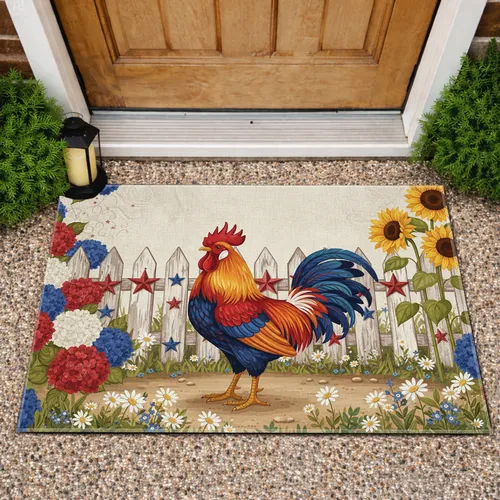 Proud Rooster Picket Fence Stars Hydrangea Sunflower - Patriotic Farmhouse Decor Gift Doormat