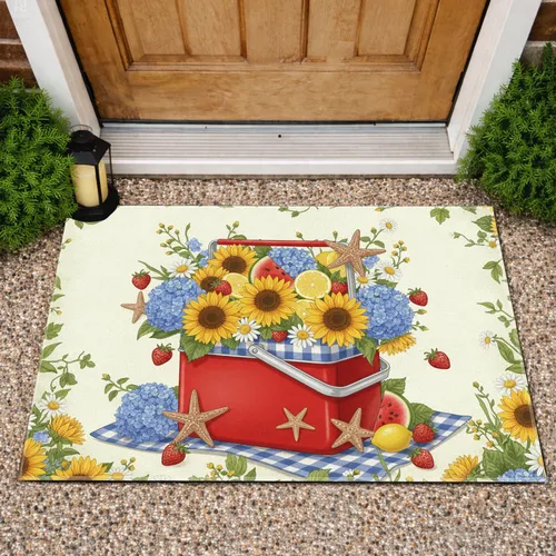 Picnic Cooler Sunflowers Hydrangeas Strawberries - Summer Outdoor Home Decor Gift Doormat