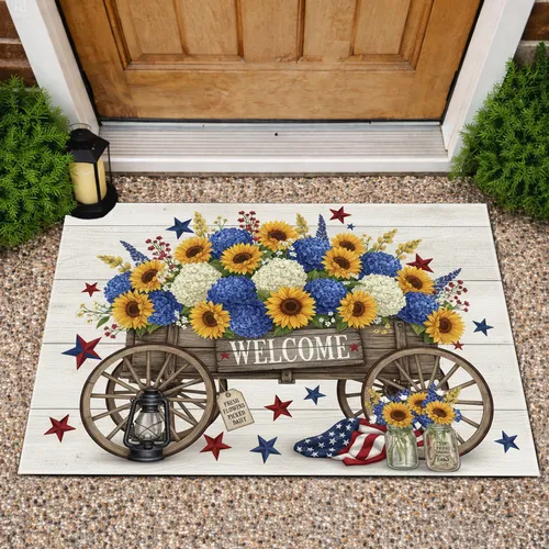 Rustic Welcome Wagon Sunflowers American Flag - Independence Day Farmhouse Home Decor Doormat