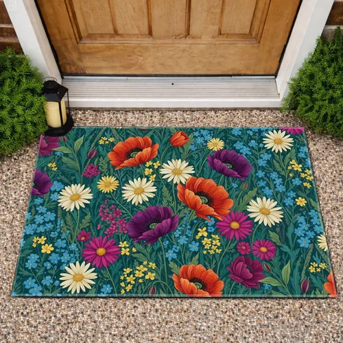 Vibrant Poppy Daisy Wildflower Garden - Home Decor Gift for Garden Lover Doormat