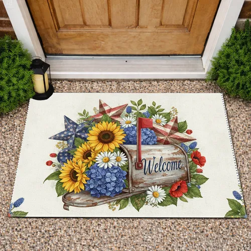 Vintage Mailbox Welcome Patriotic Flowers - Independence Day Home Decor Doormat