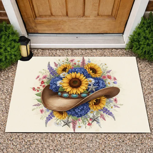 Cowboy Hat Sunflowers Wildflowers Texas Star - Farmhouse Home Decor Gift Doormat