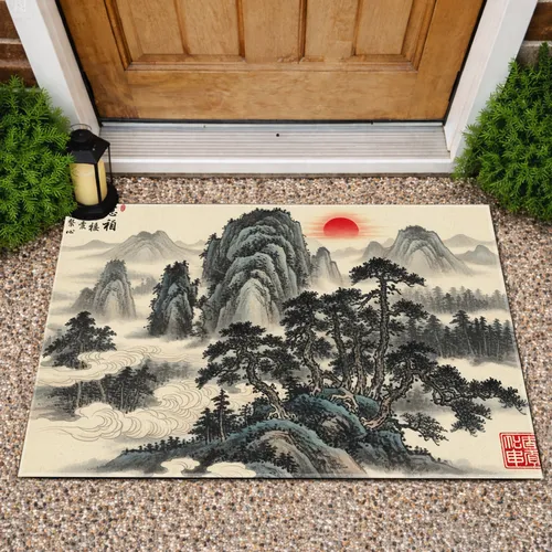 Chinese Mountain Pine Tree Red Sun - Asian Home Decor Gift Doormat