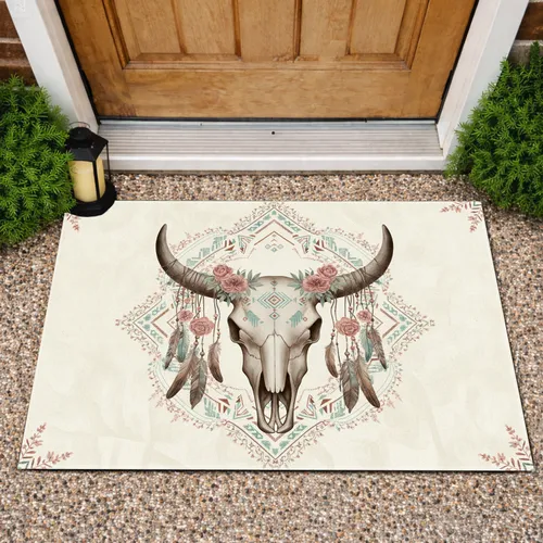 Bull Skull Dusty Rose Floral Feathers - Boho Home Decor Gift Doormat