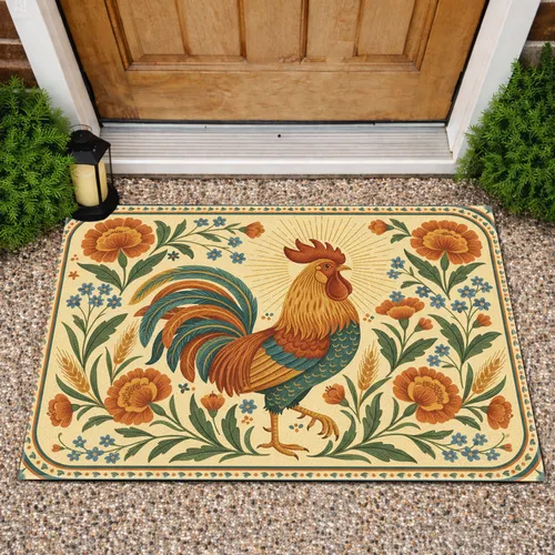 Rooster Sunburst Marigold Wildflower - Rustic Farmhouse Decor Gift Doormat