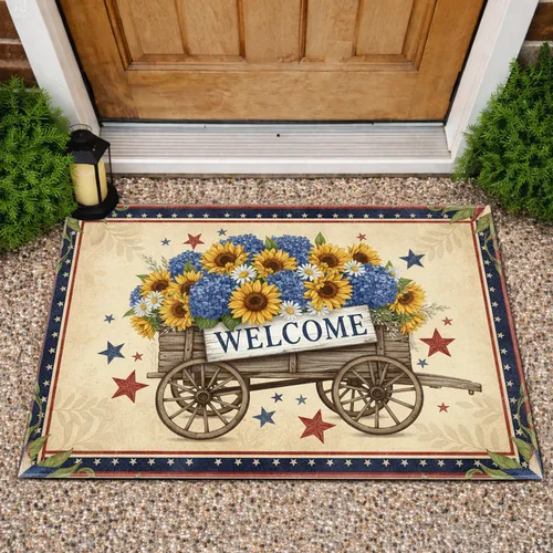 Sunflower Hydrangea Wagon Welcome Stars - Patriotic Farmhouse Home Decor Doormat