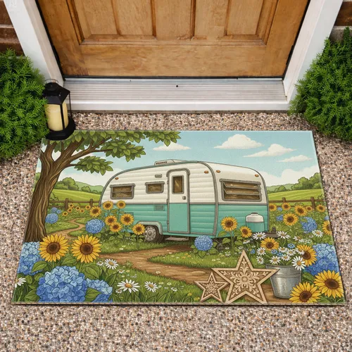 Vintage Teal Camper Wildflower Hydrangea Sunflower Daisy Meadow - Rustic Home Decor Gift Doormat