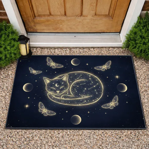 Cosmic Constellation Sleeping Cat Moon Moths - Home Decor Gift for Cat Lover Doormat
