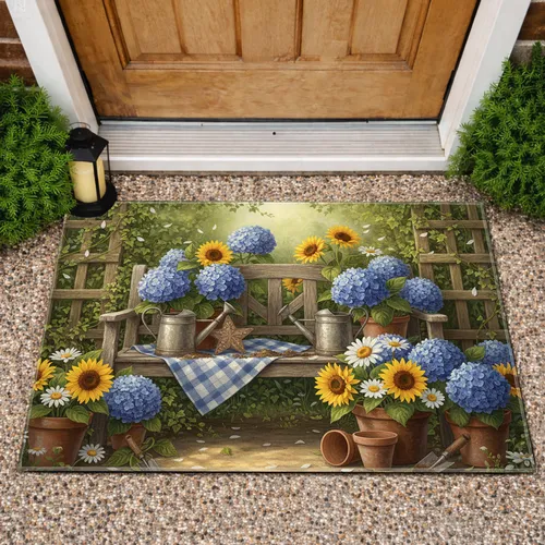 Rustic Garden Bench Hydrangeas Sunflowers Daisies - Farmhouse Decor Garden Lover Gift Doormat