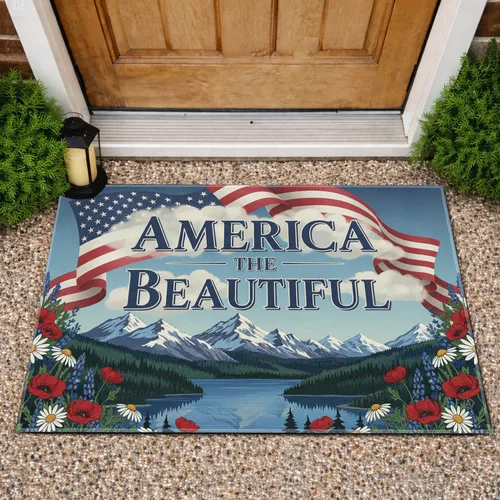 America The Beautiful Mountain Flag Wildflower - Independence Day Gift for Veterans Doormat