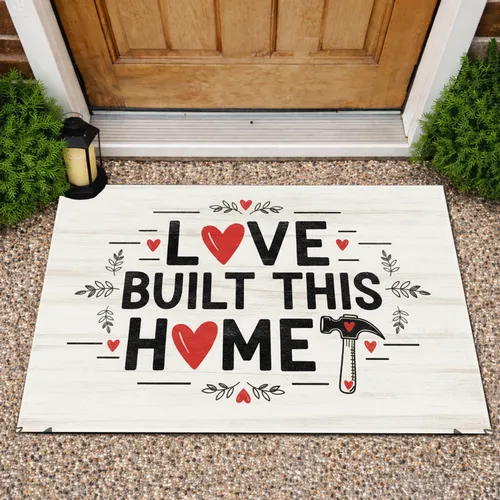 Love Built This Home Hearts Hammers - Farmhouse Home Decor Gift for Home Owner Doormat