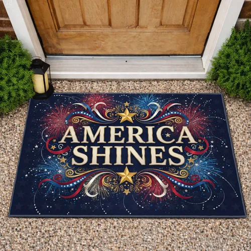 America Shines Golden Star Fireworks Ribbons - Independence Day Gift for Veterans Doormat