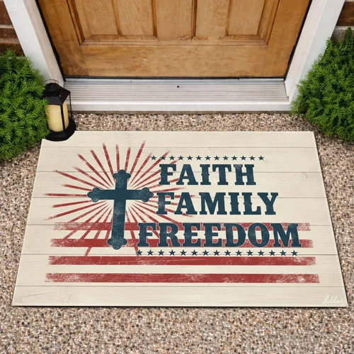 Christian Cross Faith Family Freedom - Patriotic Home Decor Gift for Veterans Doormat