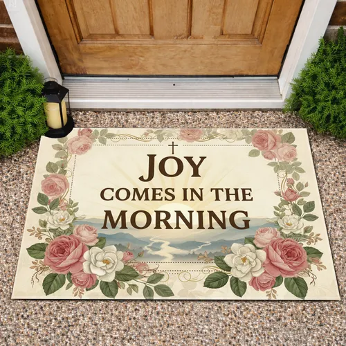 Vintage Floral Joy Comes Morning Cross Sunrise - Farmhouse Home Decor Gift Doormat