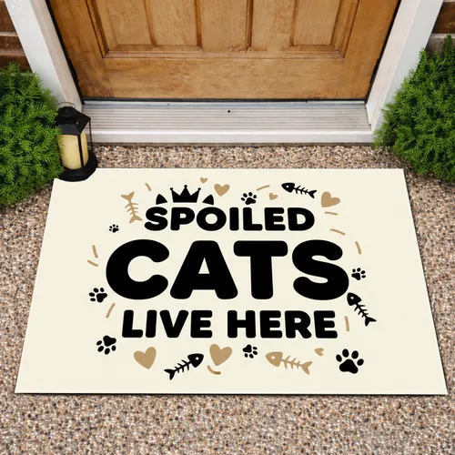 Spoiled Cats Live Here Paw Prints Fishbones - Home Decor Gift for Cat Owners Doormat