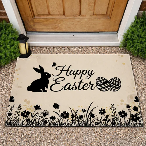Happy Easter Bunny Eggs Floral - Rustic Farmhouse Easter Decor Doormat