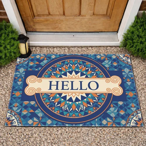 Hello Scroll Banner Geometric Mosaic Starburst Medallion Welcome Home Decor Doormat