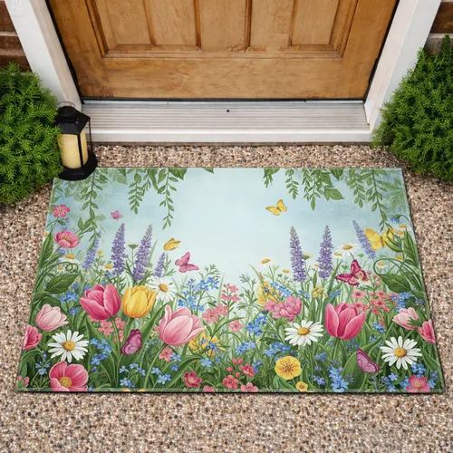 Tulip Lavender Daisy Butterfly Garden - Home Decor Gift for Garden Lover Doormat