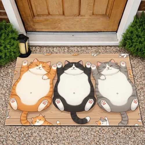 Chubby Cat Bellies Up Wooden Planks - Home Decor Gift for Cat Lovers Doormat