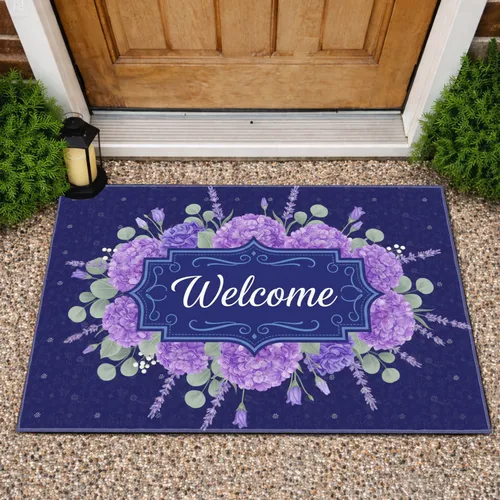 Deep Indigo Welcome Script Hydrangea Lisianthus Eucalyptus Berries - Home Decor Gift Doormat