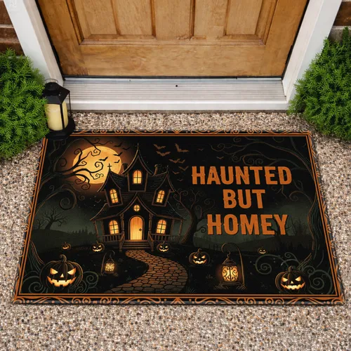 HAUNTED BUT HOMEY Haunted House Pumpkins Glowing Moon - Halloween Home Decor Doormat