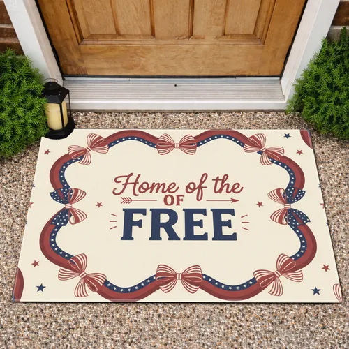 Home of the Free Patriotic Star Ribbon Bow Independence Day Farmhouse Decor Doormat