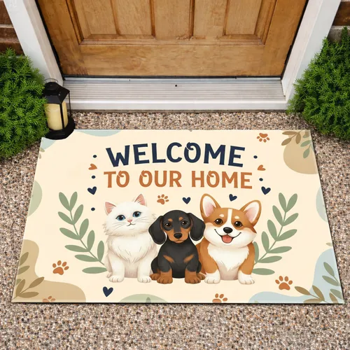 Welcome To Our Home Cat Dogs Leafy Sprigs - Home Decor Gift for Pet Lovers Doormat