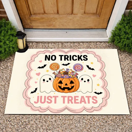 No Tricks Just Treats Jack-o-Lantern Candy Ghosts - Halloween Party Decor Doormat