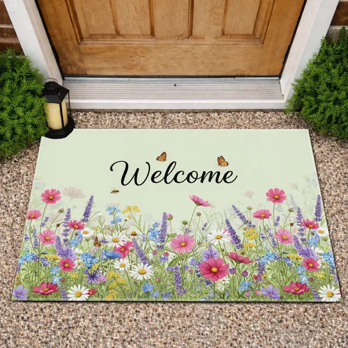 Welcome Script Wildflower Garden Butterflies - Home Decor Gift for Garden Lover Doormat