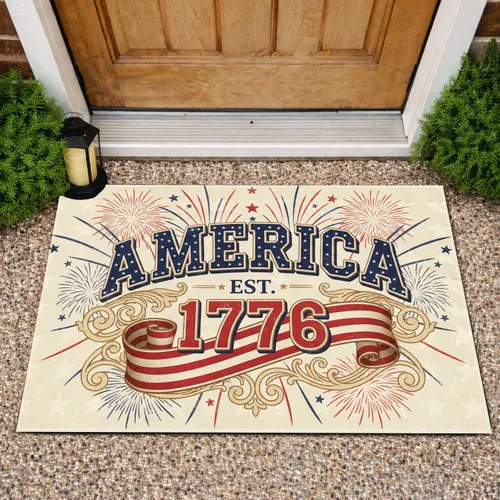 Patriotic America 1776 Text Fireworks - Independence Day Gift for Veterans Doormat
