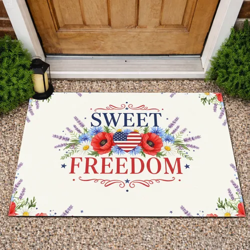 SWEET FREEDOM American Flag Heart Poppies - Independence Day Home Decor Doormat