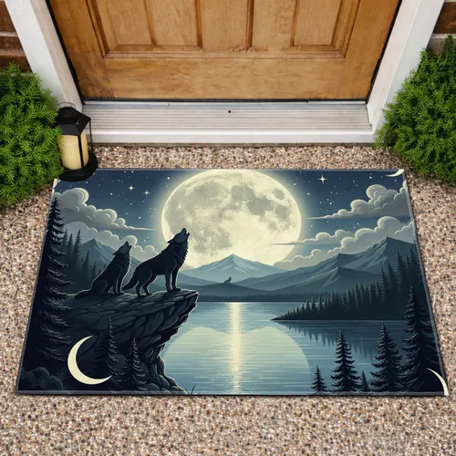 Two Wolves Howling Full Moon Pine Forest - Wildlife Lover Gift Doormat