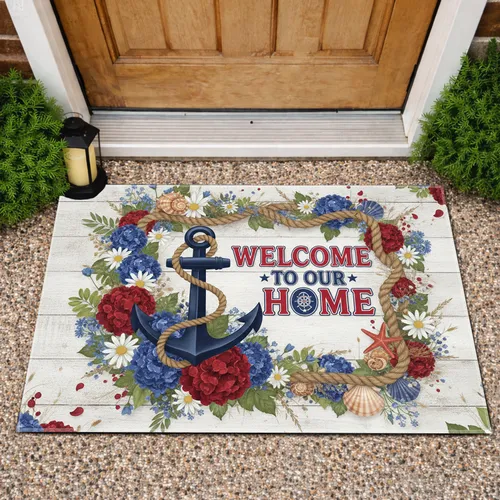 Patriotic Anchor Welcome Home Hydrangeas - Independence Day Home Decor Doormat