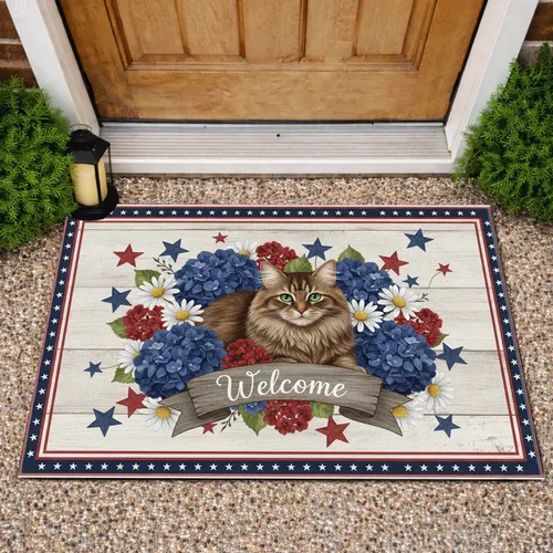 Fluffy Brown Cat Welcome Patriotic Floral Stars - Farmhouse Decor Gift for Cat Lover Doormat