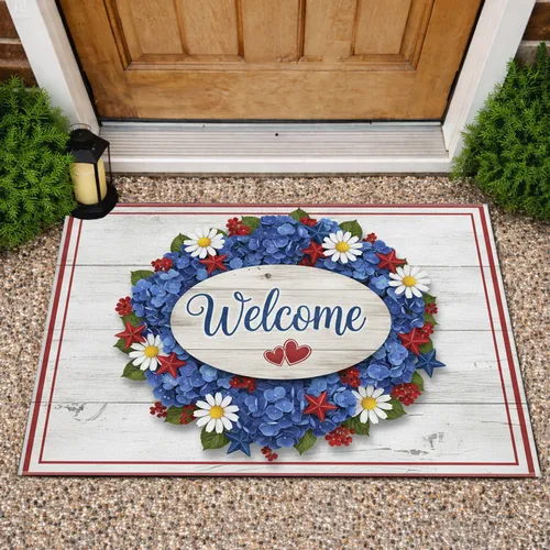 Welcome Script Patriotic Floral Stars - Independence Day Farmhouse Decor Doormat