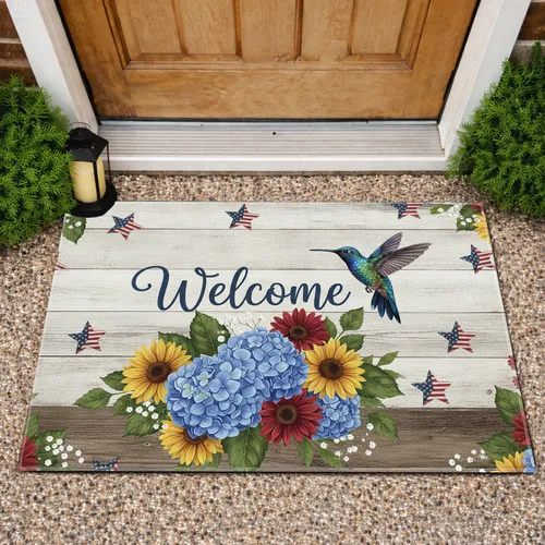 Welcome Hummingbird Patriotic Stars Floral Rustic Wood - Farmhouse Decor Doormat