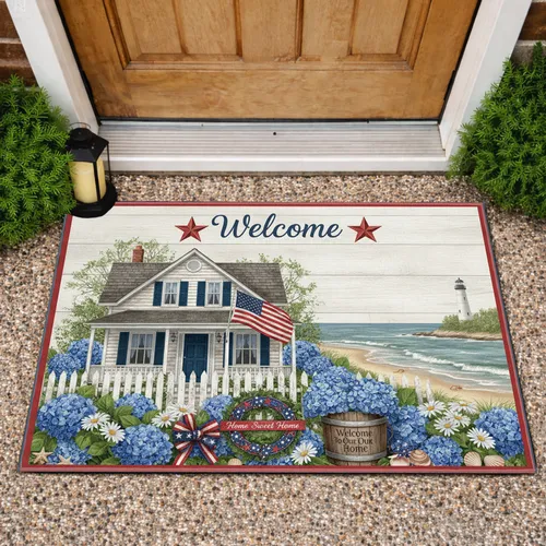 Welcome Coastal House American Flag Hydrangeas - Patriotic Home Decor Gift Doormat