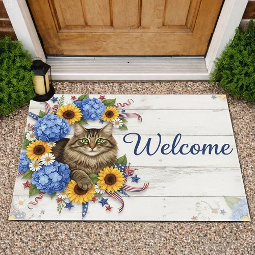 Fluffy Tabby Cat Welcome Wreath Patriotic Floral - Home Decor Gift for Cat Lover Doormat