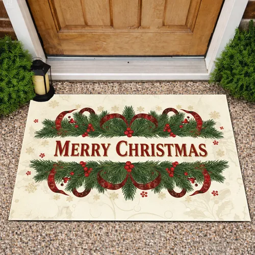 Merry Christmas Pine Holly Berries Snowflakes - Christmas Holiday Decor Doormat