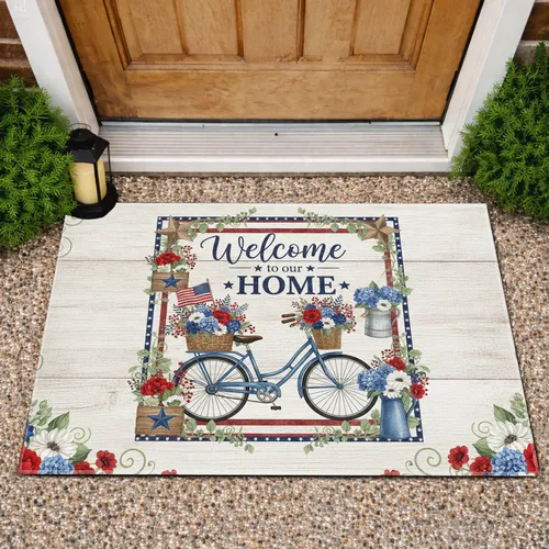 Blue Vintage Bicycle American Flag Welcome Home - Independence Day Decor Doormat