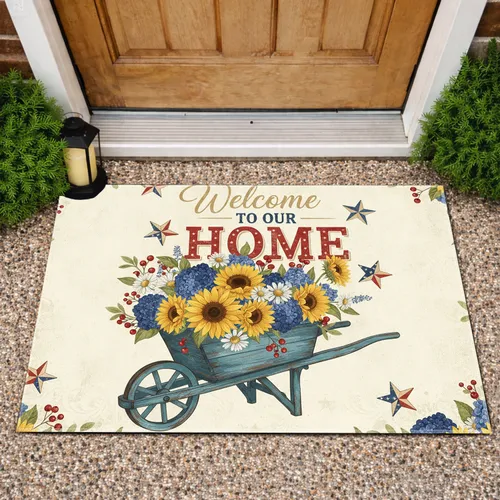 Rustic Blue Wheelbarrow Distressed Stars Welcome Home - Independence Day Gift Doormat