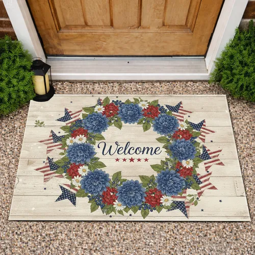 Welcome Patriotic Floral Wreath American Flag Stars - Farmhouse Home Decor Doormat