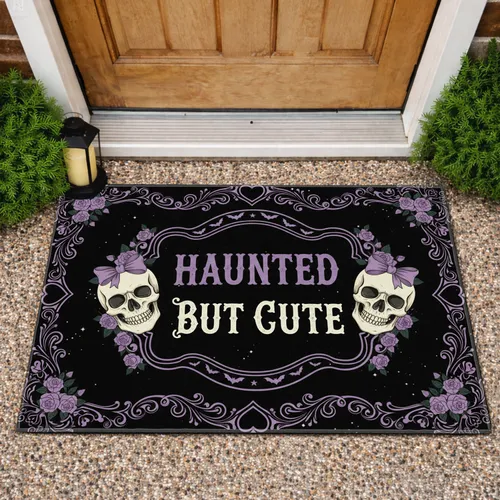 Haunted But Cute Skulls Bats Scrollwork - Halloween Holiday Decor Doormat