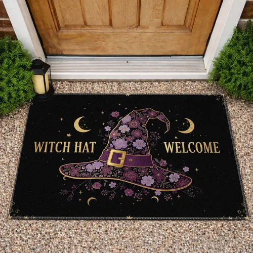 Ornate Witch Hat Welcome Gold Buckle Floral Stars Moons - Home Decor Gift Doormat