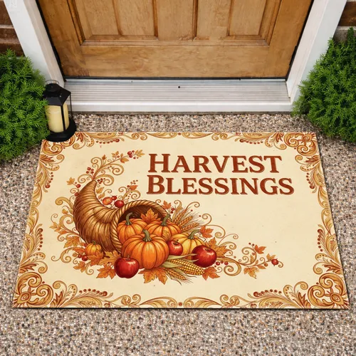 Harvest Blessings Cornucopia Pumpkins Gourds Wheat - Autumn Thanksgiving Decor Doormat