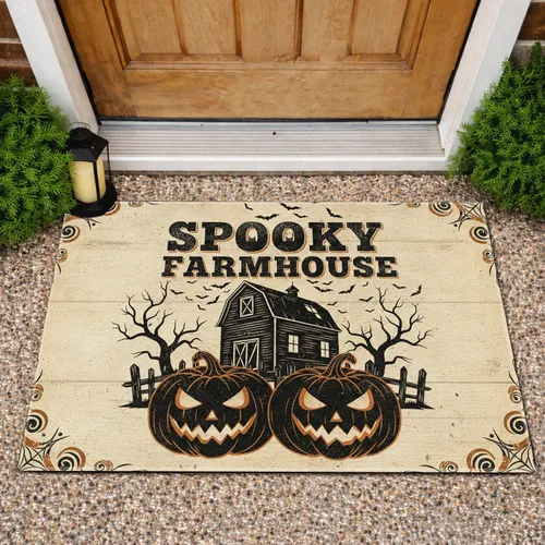 Spooky Farmhouse Haunted Barn Jack-o'-Lanterns Bats - Halloween Decor Doormat